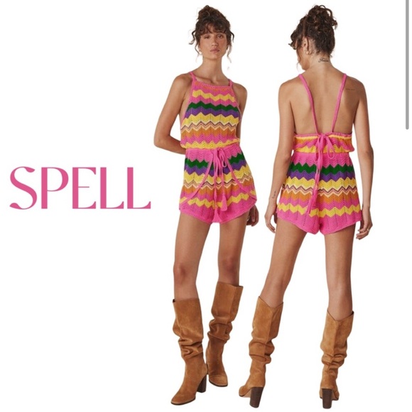 Spell Pants - SPELL and the GYPSEY Collective Zigzag Crochet Romper in Sorbet Sz S NWT